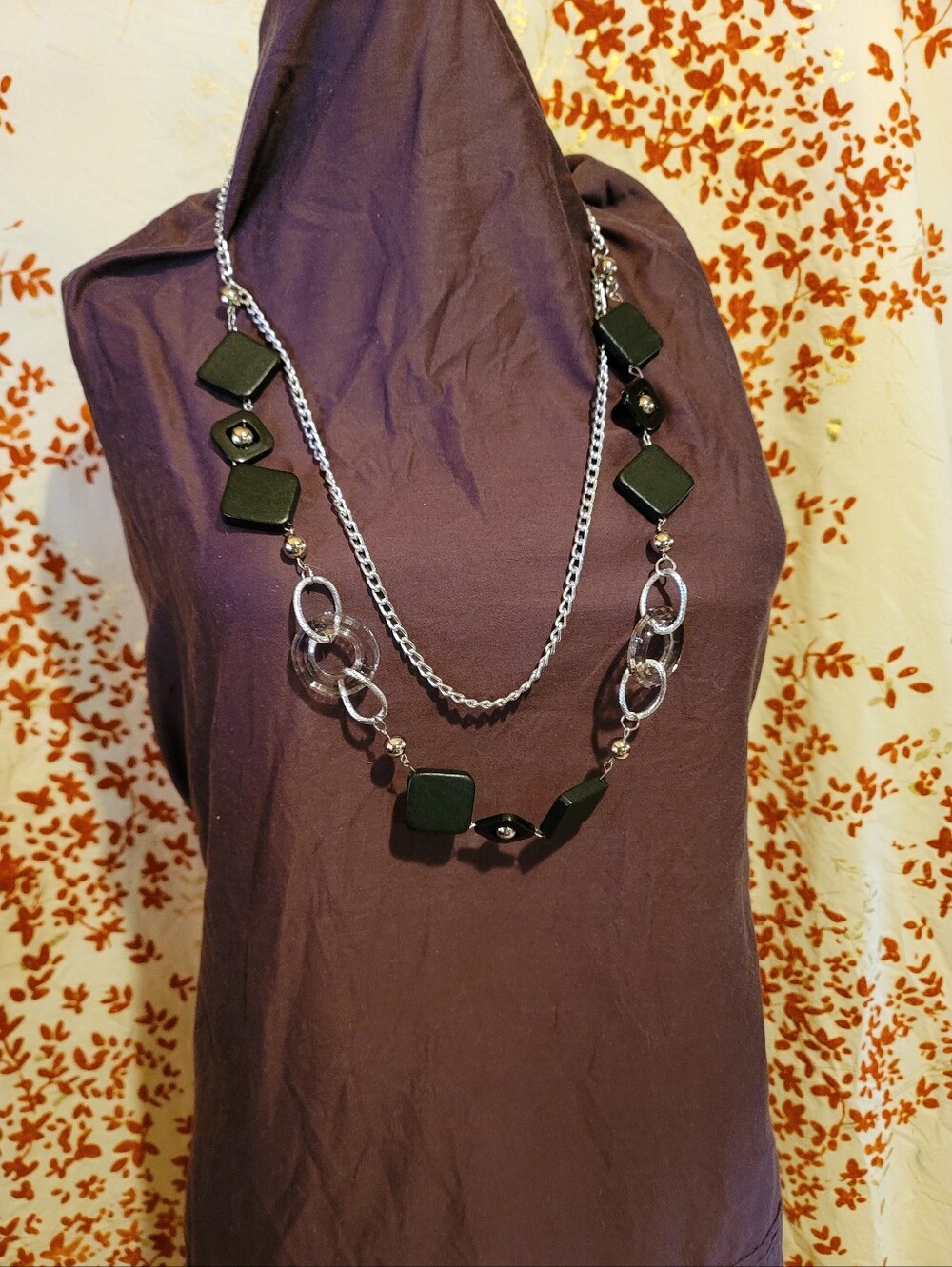 Contemporary Silver Tone Multi Layer Black Link & Geometric Necklace